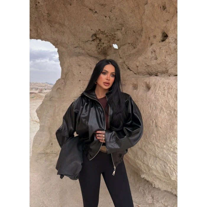 Balon Kollu Deri Mont