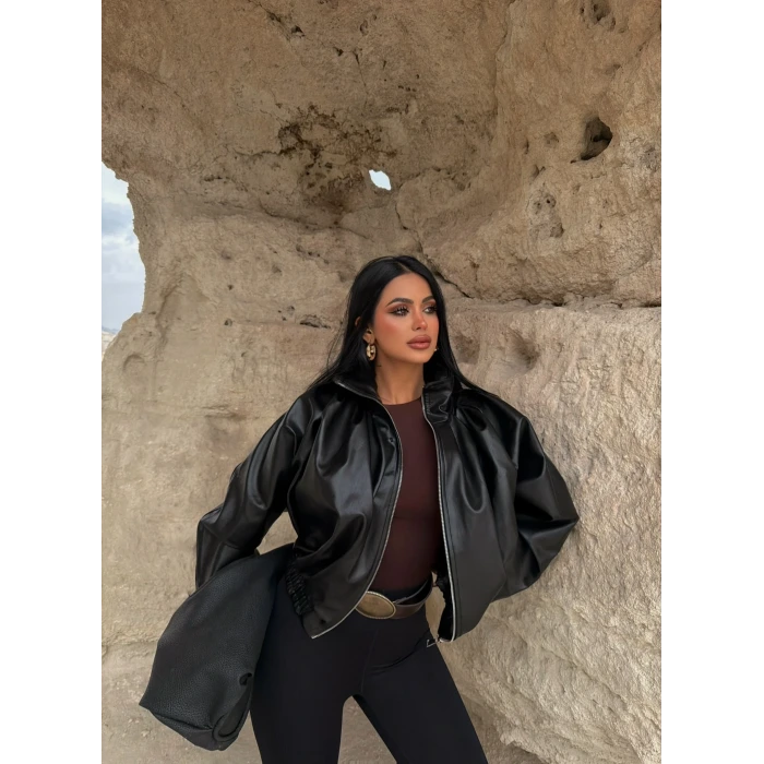 Balon Kollu Deri Mont