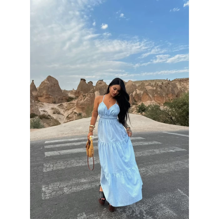 Bebe Mavisi Askılı İnci Keten Elbise