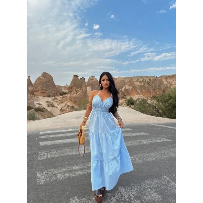 Bebe Mavisi Askılı İnci Keten Elbise