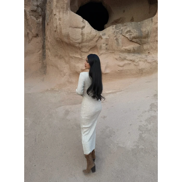 Bej Balıkçı Yaka Triko Elbise