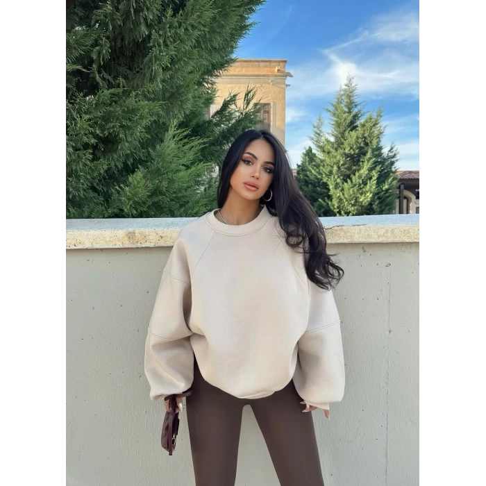 Bej Balon Kollu Üç İplik Sweat