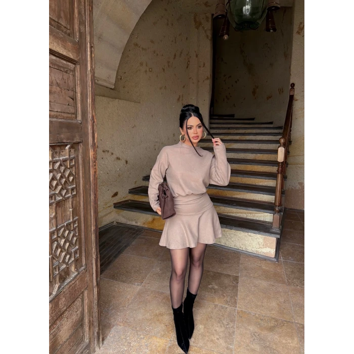 Bej Bel Büzgülü Selanik Elbise