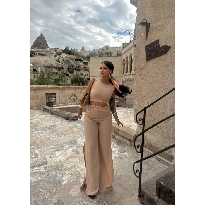 Bej Bel Lastikli Büstiyer Pantolon İkili Takım