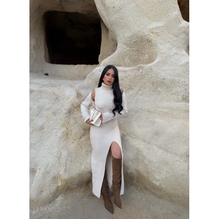 Bej Bolero Hırkalı Triko Elbise