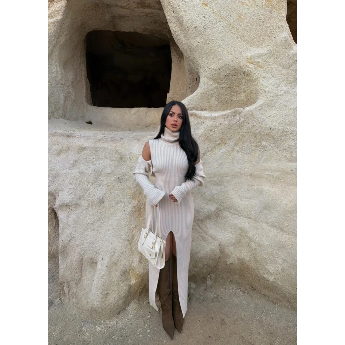 Bej Bolero Hırkalı Triko Elbise