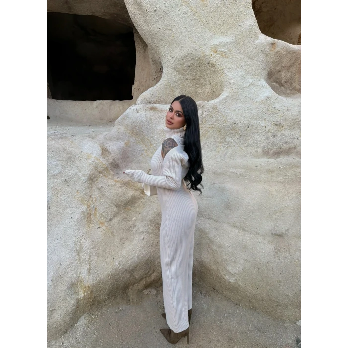 Bej Bolero Hırkalı Triko Elbise