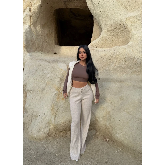 Bej Fitilli Triko Pantolon