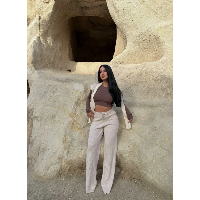 Bej Fitilli Triko Pantolon