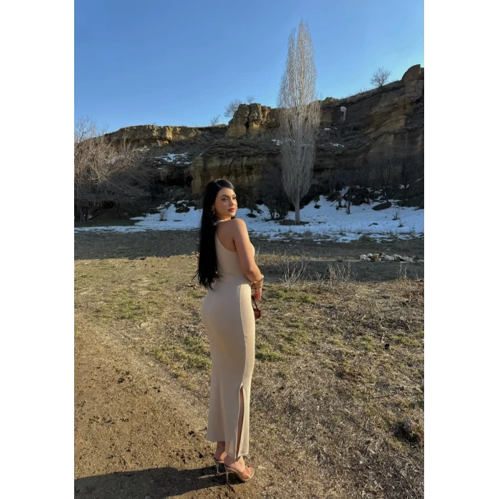 Bej Halter Yaka Ottoman Elbise