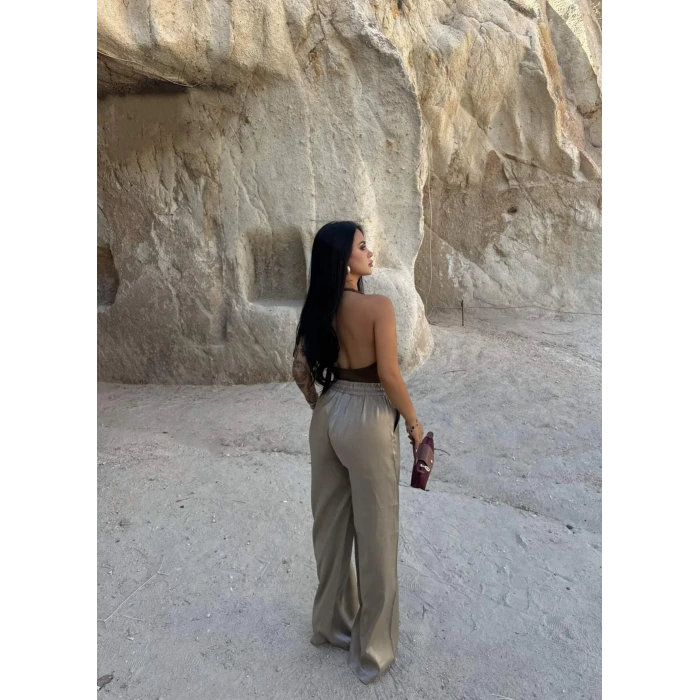 Bej Işıltı Bol Paça Pantolon