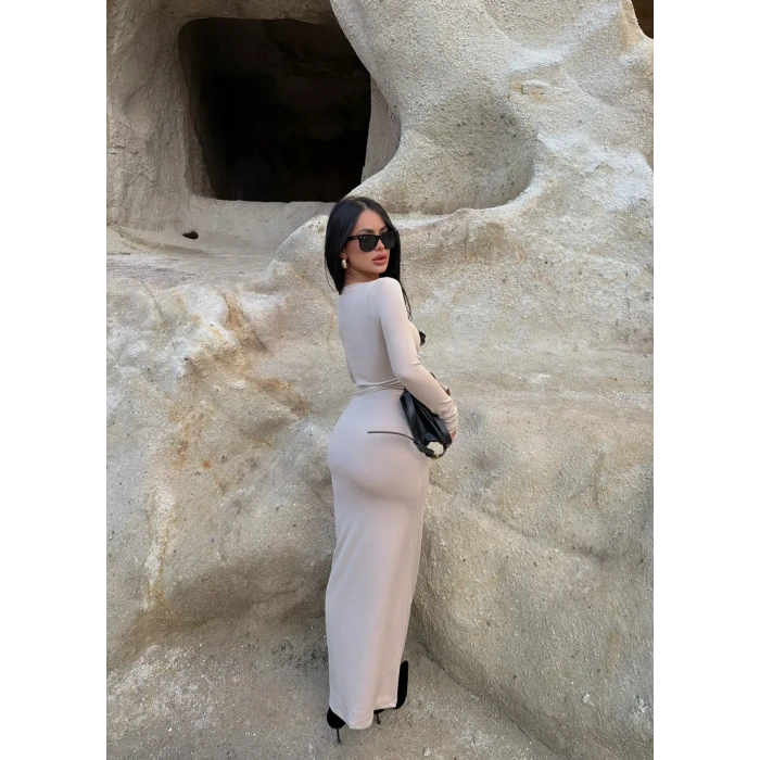 Bej Kare Yaka Fitilli Elbise