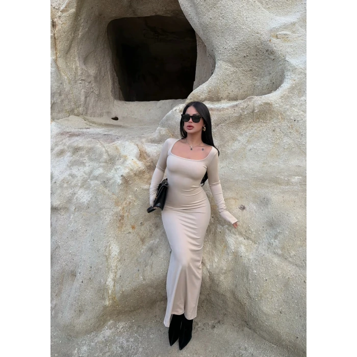 Bej Kare Yaka Fitilli Elbise