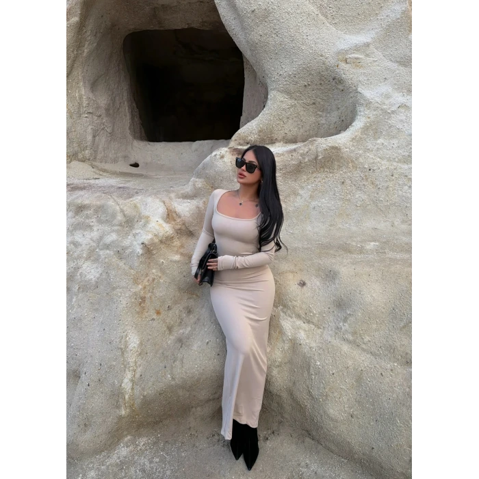 Bej Kare Yaka Fitilli Elbise