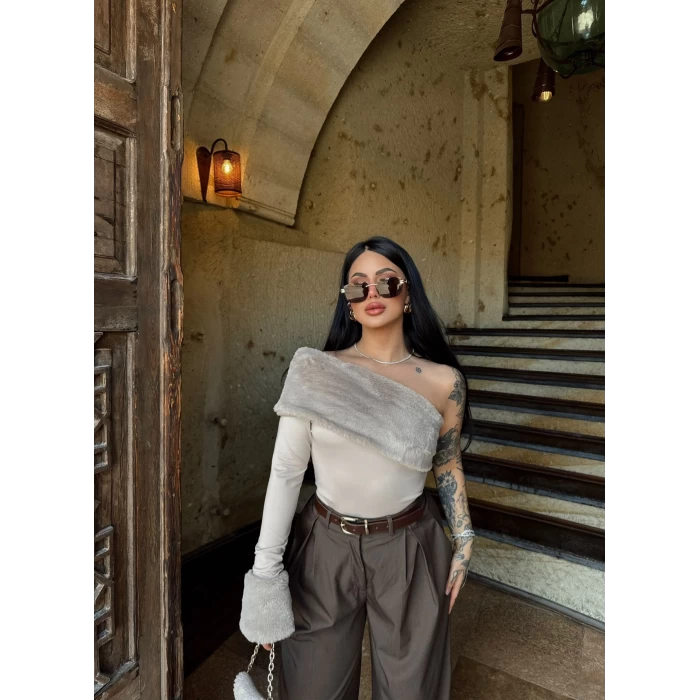 Beige Fur Detailed One Shoulder Blouse