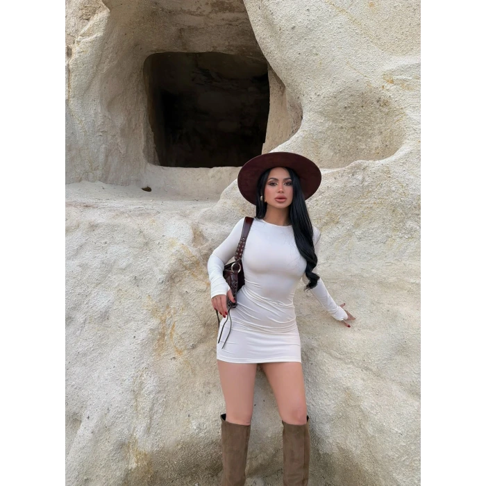 Bej Parmak Geçmeli Scuba Elbise