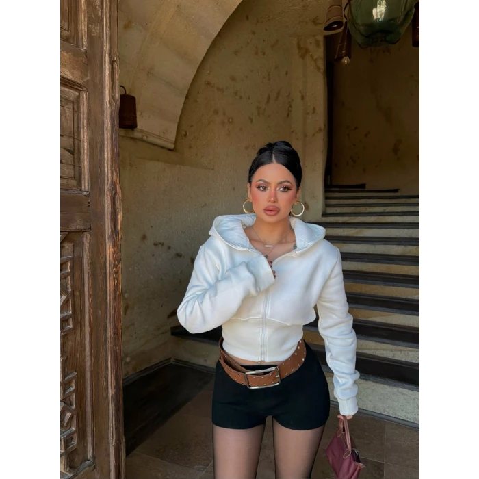 Beyaz Bel Korseli Şardonlu Sweat