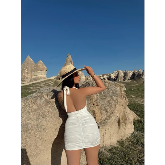 Beyaz Boyundan Bağlamalı Lore Elbise