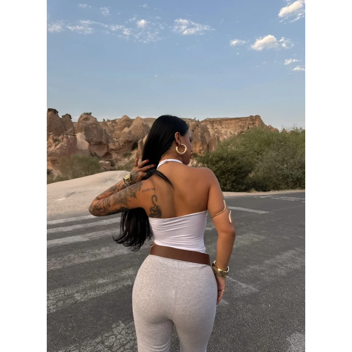 Beyaz Boyundan Geçmeli Polyamid Crop