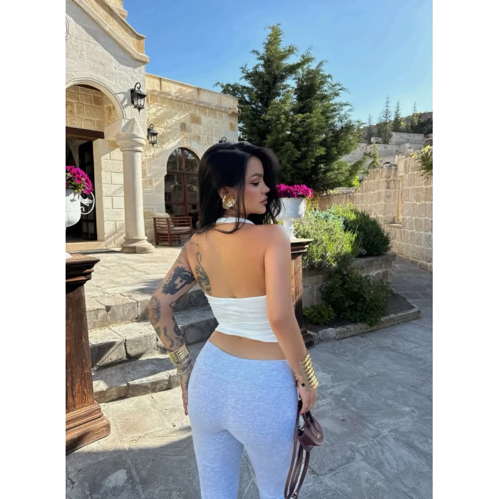 Beyaz Boyundan Geçmeli Sırt Dekolte Crop