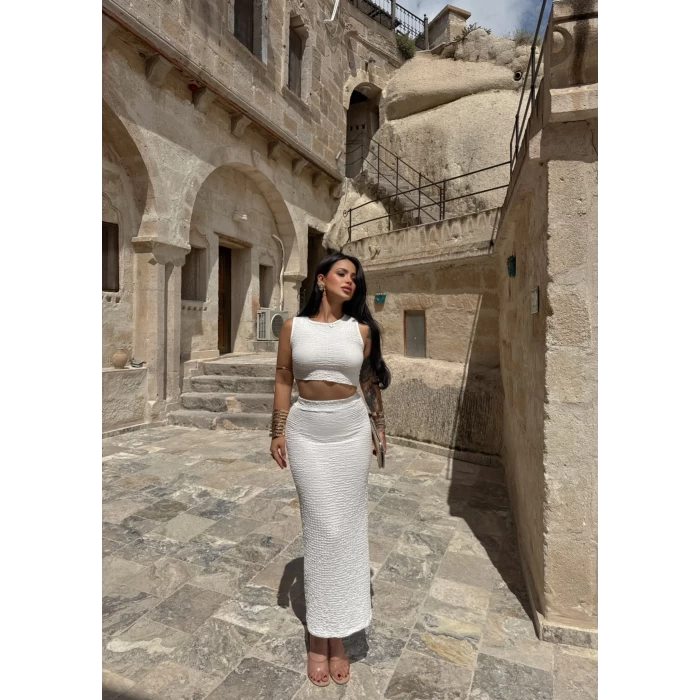 Beyaz Bubble Etek Crop İkili Takım