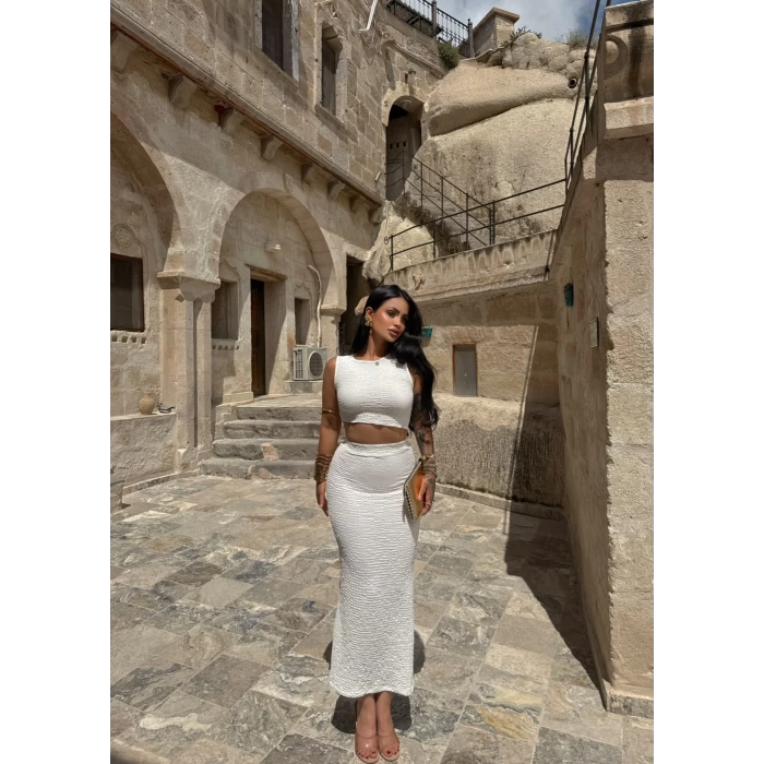 Beyaz Bubble Etek Crop İkili Takım