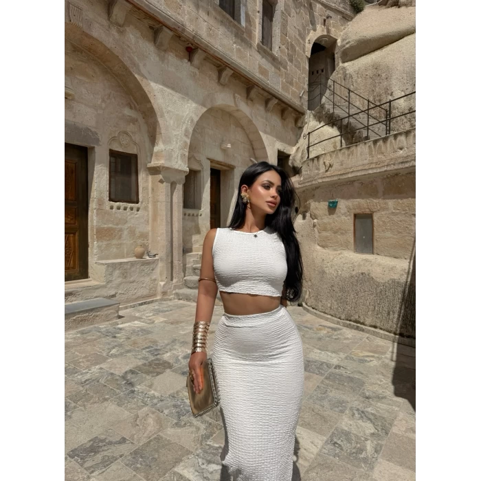 Beyaz Bubble Etek Crop İkili Takım