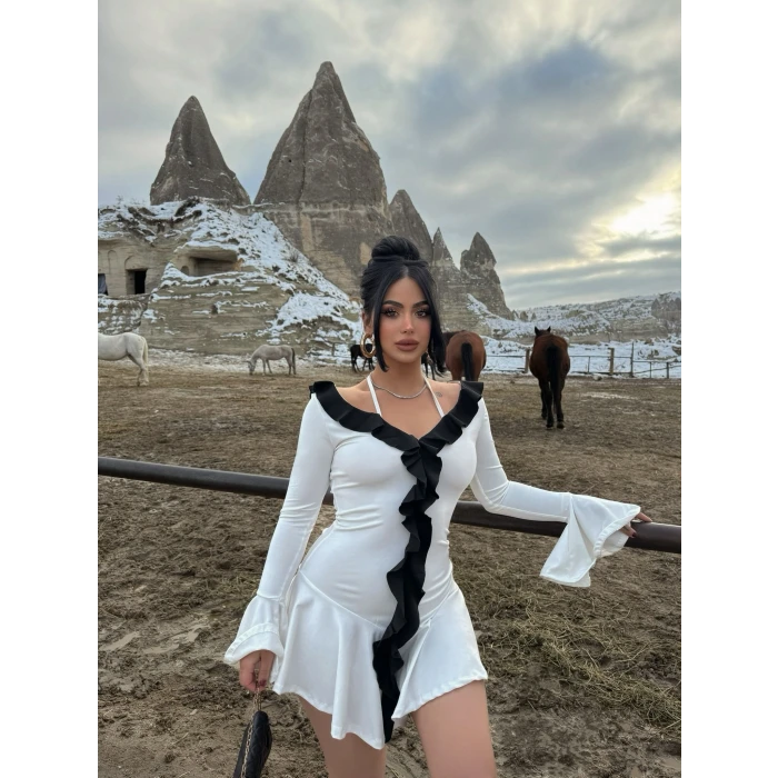 Beyaz Çift Renk Elegant Elbise