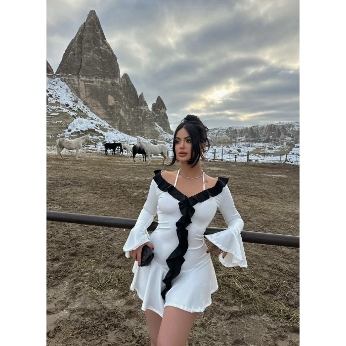 Beyaz Çift Renk Elegant Elbise