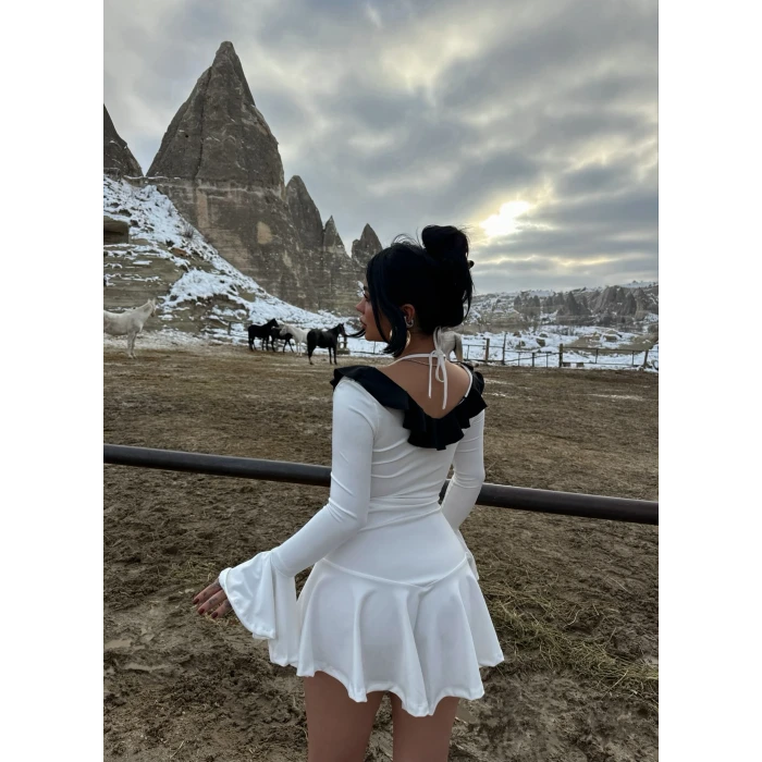 Beyaz Çift Renk Elegant Elbise