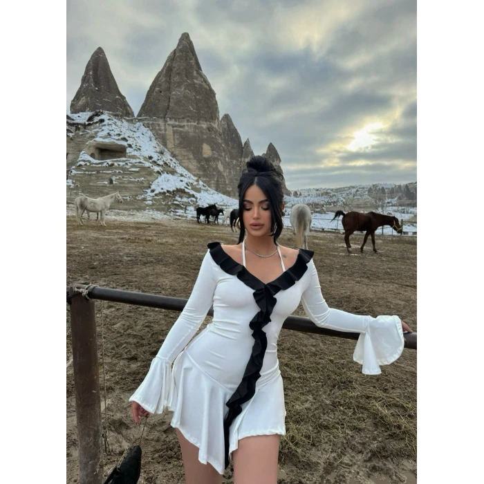 Beyaz Çift Renk Elegant Elbise