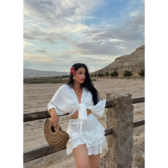 Beyaz Çilek Kimono İkili Takım