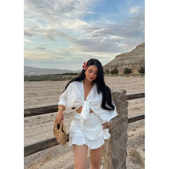 Beyaz Çilek Kimono İkili Takım