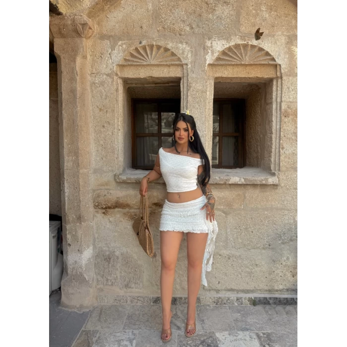 Beyaz Etek&Crop Kabartma İkili Takım
