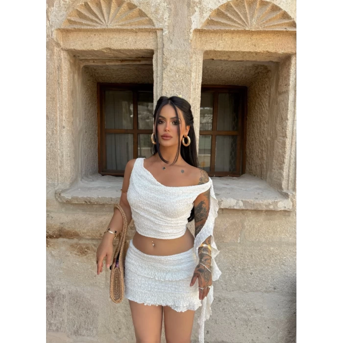 Beyaz Etek&Crop Kabartma İkili Takım