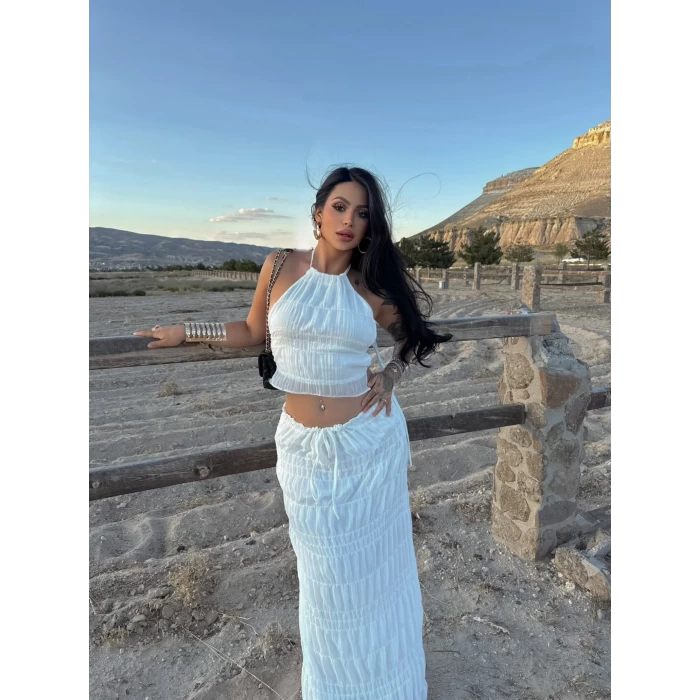 Beyaz Gipeli Şifon Astarlı İkili Takım