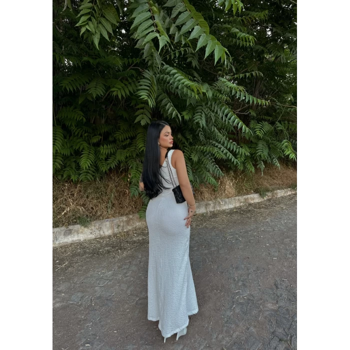 Beyaz Halter Gofre Elbise