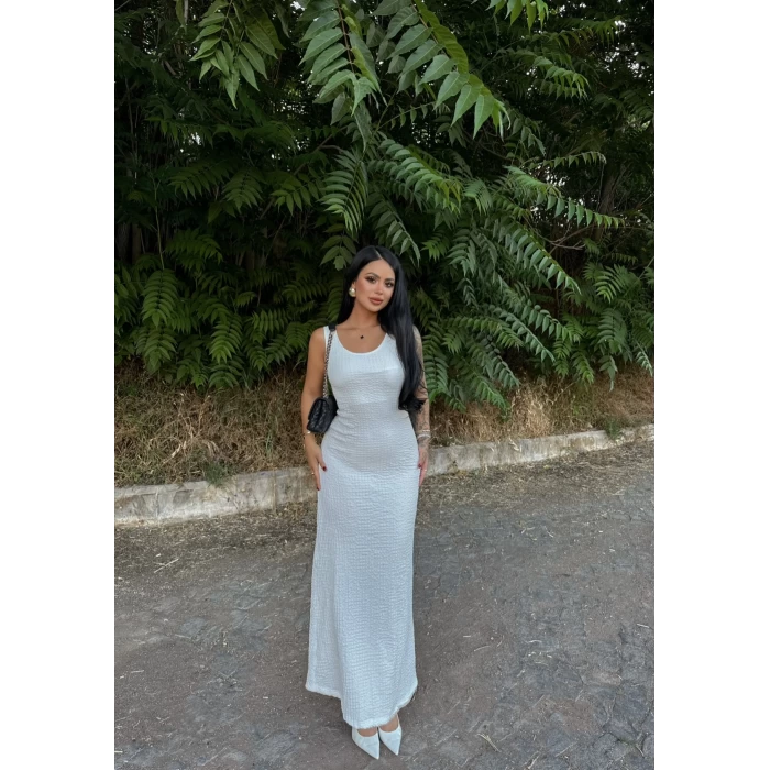 Beyaz Halter Gofre Elbise