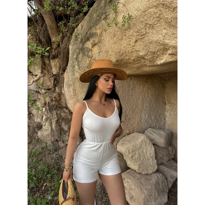 Beyaz İp Askılı Gofre Tulum