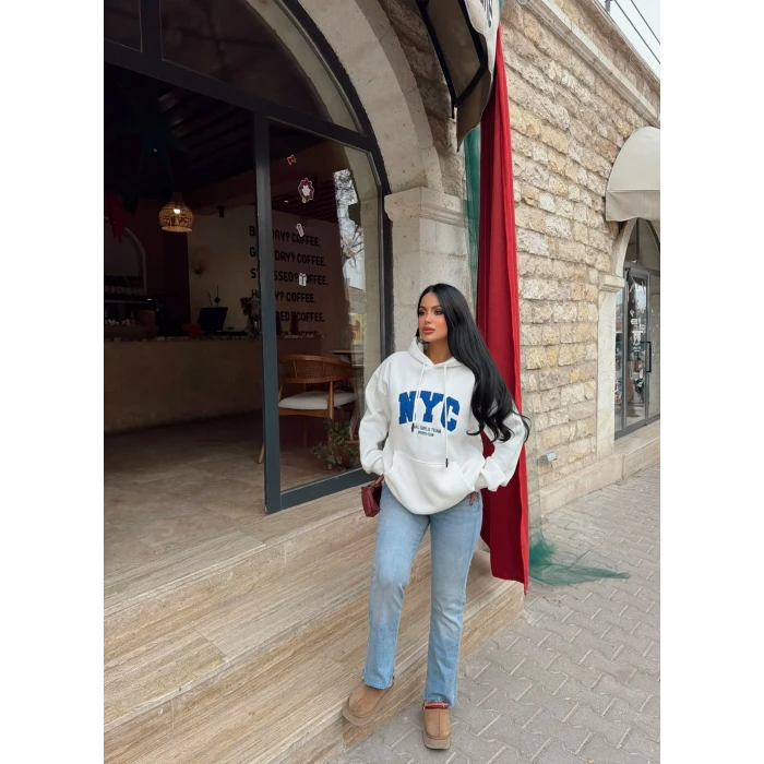 Beyaz Nyc Şardonlu Oversize Sweat