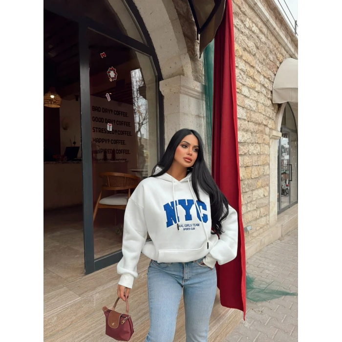 Beyaz Nyc Şardonlu Oversize Sweat
