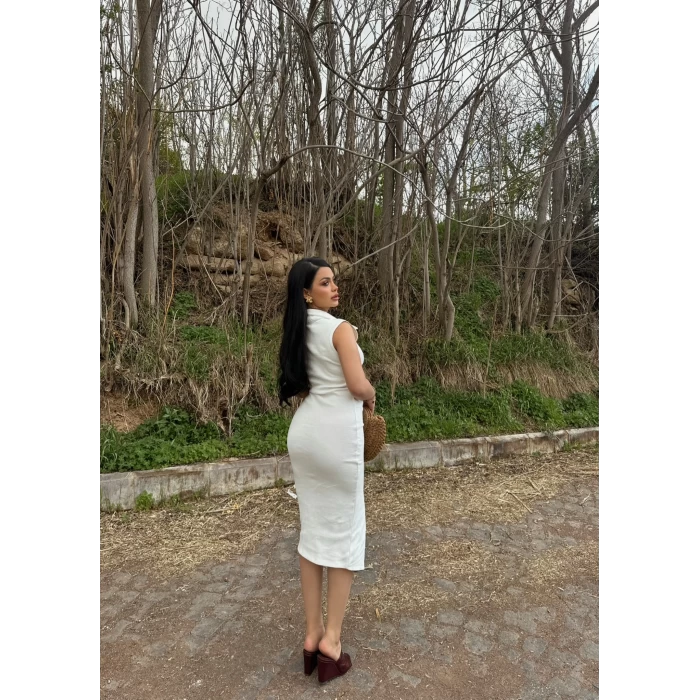 Beyaz Ön Düğmeli Polo Yaka Elbise