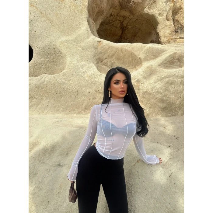 Beyaz Ön Şeritli Tül Bluz