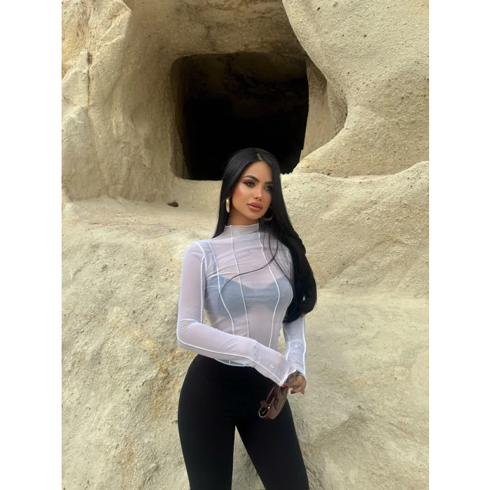 Beyaz Ön Şeritli Tül Bluz