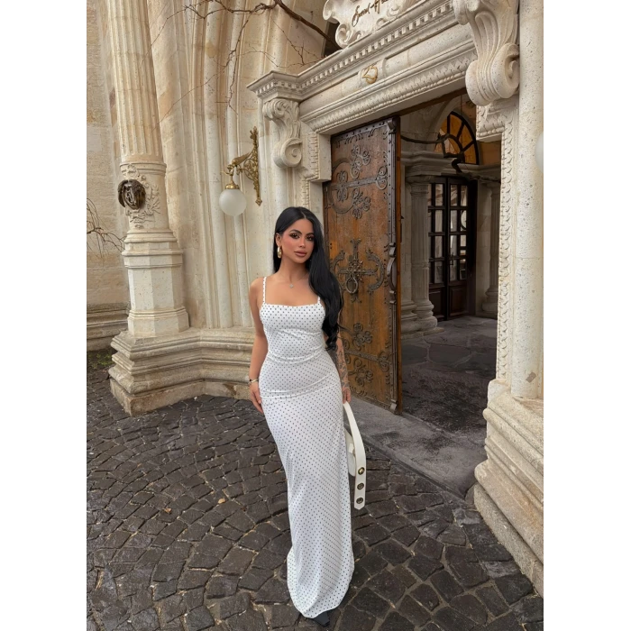 Beyaz Puantiyeli Maxi Elbise