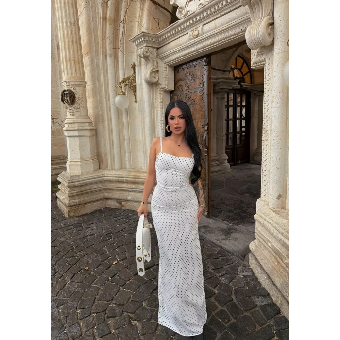Beyaz Puantiyeli Maxi Elbise