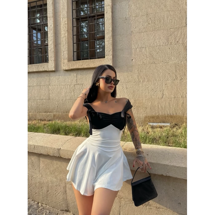 Beyaz Rosalie Göğüs Fiyonklu Elbise