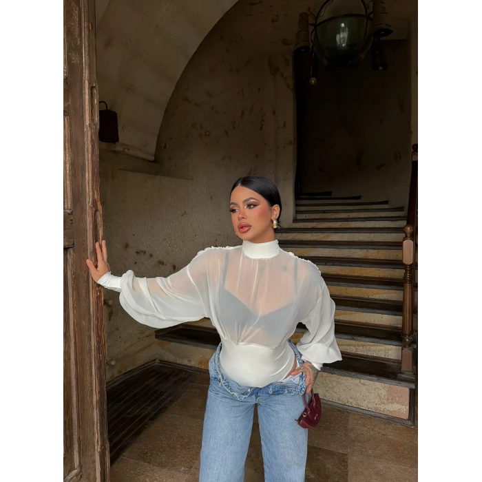Beyaz Sırt Degaje Tül Şifon Bodysuit