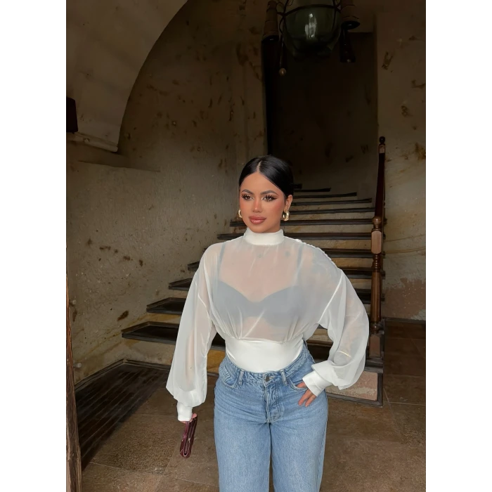 Beyaz Sırt Degaje Tül Şifon Bodysuit