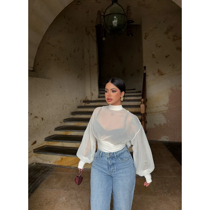 Beyaz Sırt Degaje Tül Şifon Bodysuit